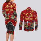 Personalized Gold Coast Suns Couples Matching Long Sleeve Bodycon Dress and Long Sleeve Button Shirt Aboriginal Dot Painting Graffiti Style