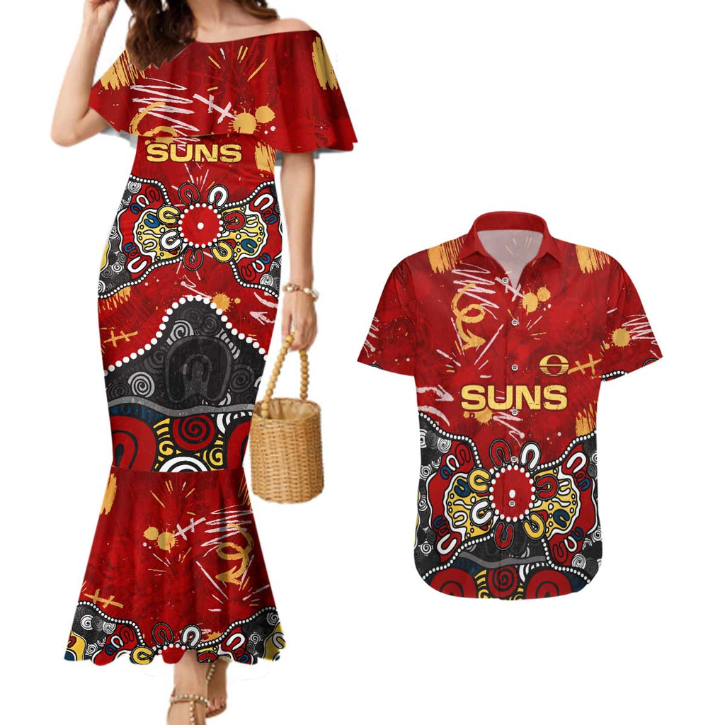 Personalized Gold Coast Suns Couples Matching Mermaid Dress and Hawaiian Shirt Aboriginal Dot Painting Graffiti Style