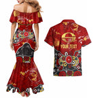 Personalized Gold Coast Suns Couples Matching Mermaid Dress and Hawaiian Shirt Aboriginal Dot Painting Graffiti Style