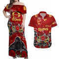 Personalized Gold Coast Suns Couples Matching Off Shoulder Maxi Dress and Hawaiian Shirt Aboriginal Dot Painting Graffiti Style