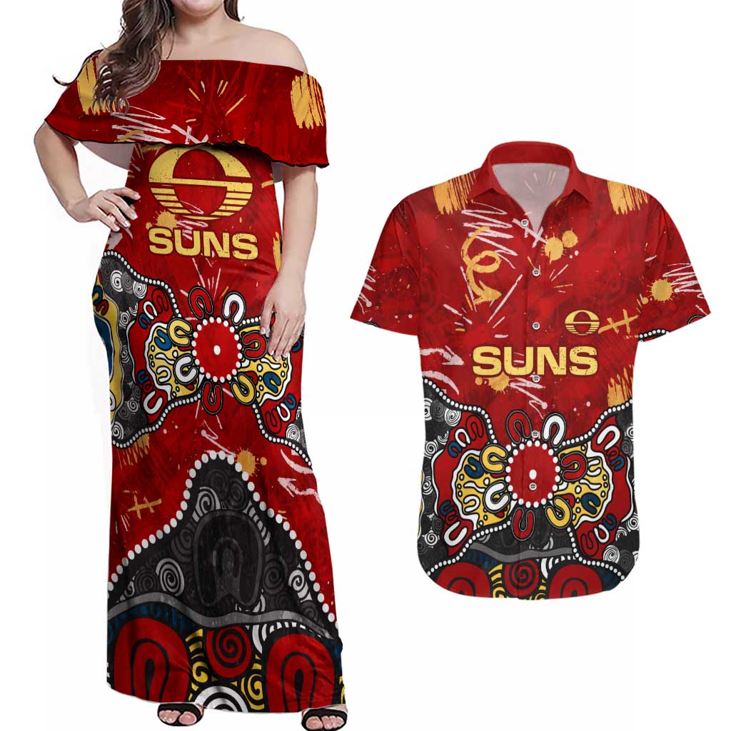 Personalized Gold Coast Suns Couples Matching Off Shoulder Maxi Dress and Hawaiian Shirt Aboriginal Dot Painting Graffiti Style