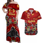 Personalized Gold Coast Suns Couples Matching Off Shoulder Maxi Dress and Hawaiian Shirt Aboriginal Dot Painting Graffiti Style