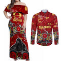Personalized Gold Coast Suns Couples Matching Off Shoulder Maxi Dress and Long Sleeve Button Shirt Aboriginal Dot Painting Graffiti Style