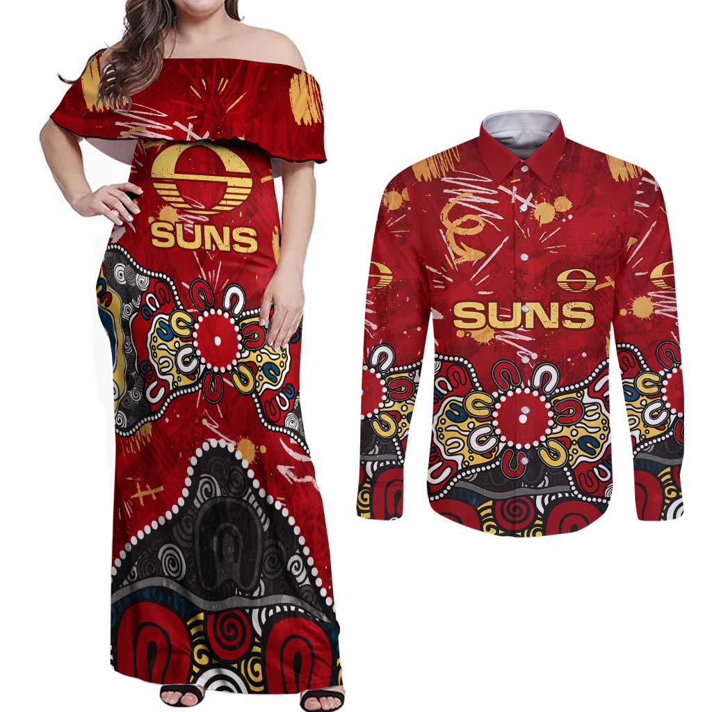 Personalized Gold Coast Suns Couples Matching Off Shoulder Maxi Dress and Long Sleeve Button Shirt Aboriginal Dot Painting Graffiti Style