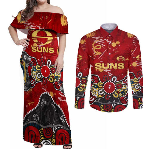 Personalized Gold Coast Suns Couples Matching Off Shoulder Maxi Dress and Long Sleeve Button Shirt Aboriginal Dot Painting Graffiti Style