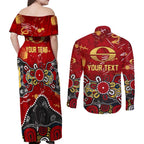 Personalized Gold Coast Suns Couples Matching Off Shoulder Maxi Dress and Long Sleeve Button Shirt Aboriginal Dot Painting Graffiti Style