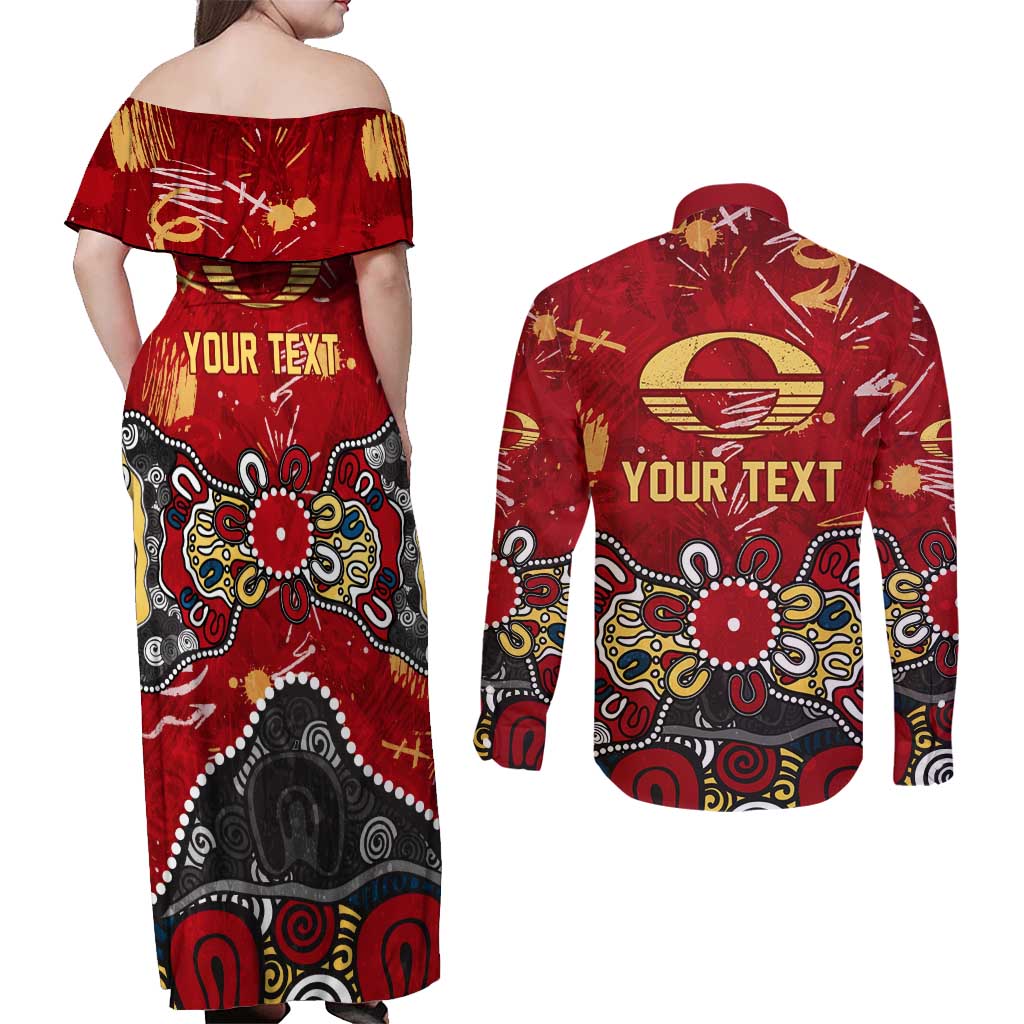 Personalized Gold Coast Suns Couples Matching Off Shoulder Maxi Dress and Long Sleeve Button Shirt Aboriginal Dot Painting Graffiti Style
