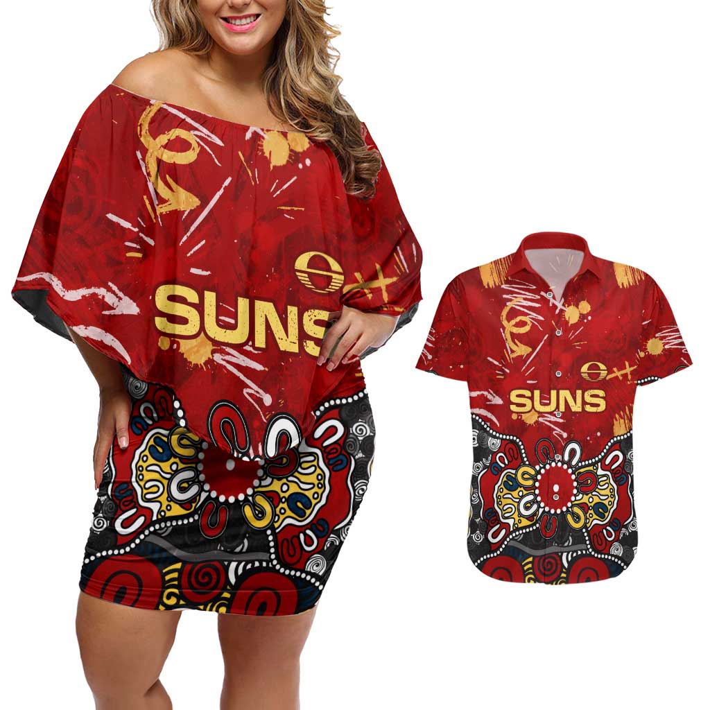 Personalized Gold Coast Suns Couples Matching Off Shoulder Short Dress and Hawaiian Shirt Aboriginal Dot Painting Graffiti Style