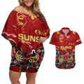 Personalized Gold Coast Suns Couples Matching Off Shoulder Short Dress and Hawaiian Shirt Aboriginal Dot Painting Graffiti Style