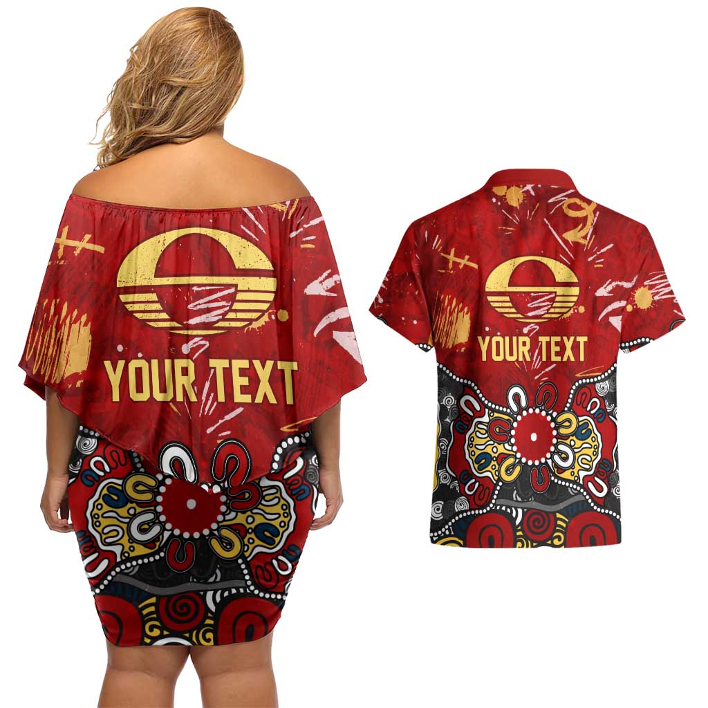 Personalized Gold Coast Suns Couples Matching Off Shoulder Short Dress and Hawaiian Shirt Aboriginal Dot Painting Graffiti Style