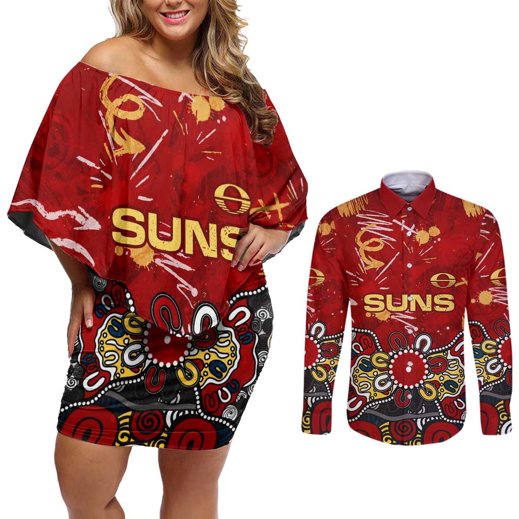 Personalized Gold Coast Suns Couples Matching Off Shoulder Short Dress and Long Sleeve Button Shirt Aboriginal Dot Painting Graffiti Style