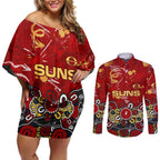 Personalized Gold Coast Suns Couples Matching Off Shoulder Short Dress and Long Sleeve Button Shirt Aboriginal Dot Painting Graffiti Style