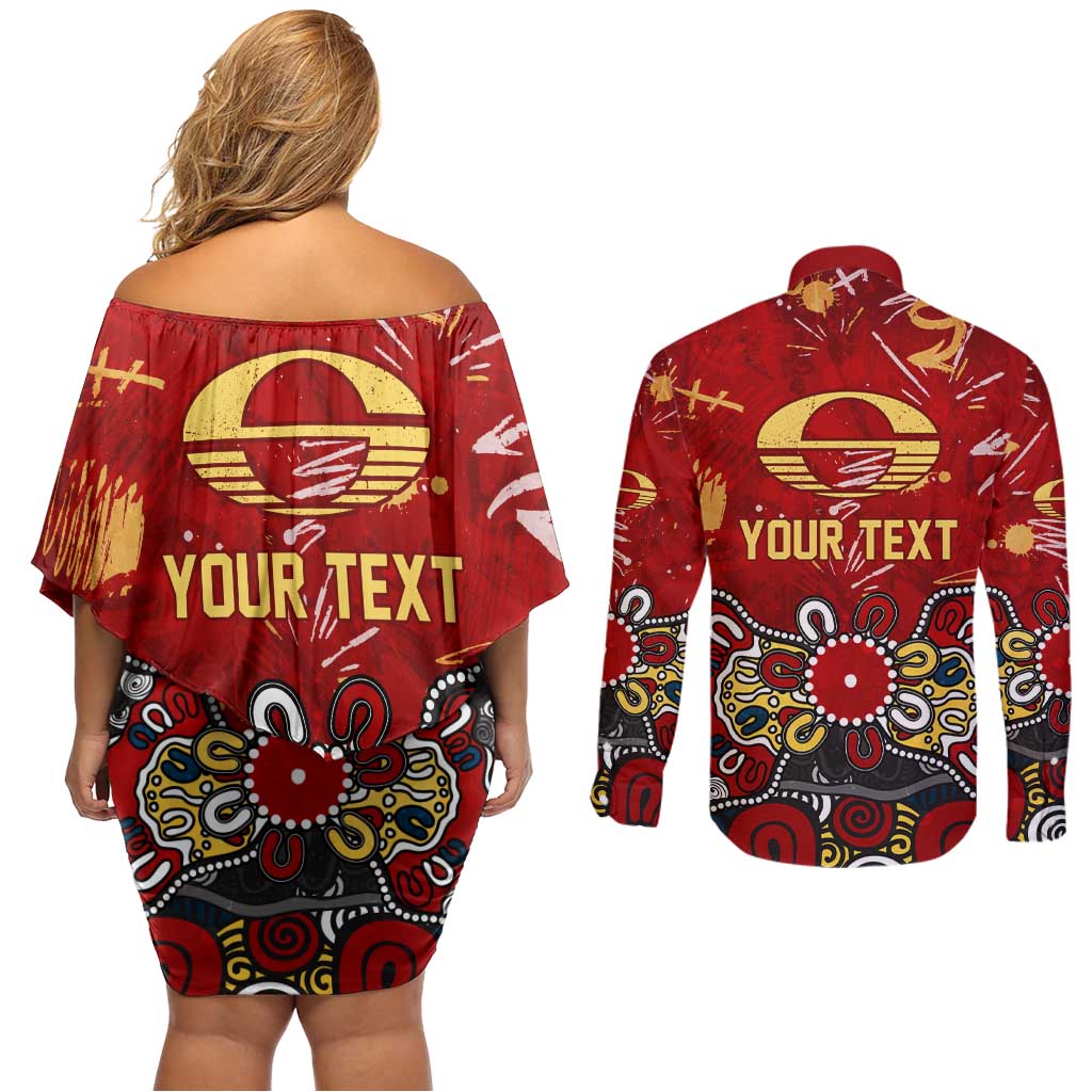 Personalized Gold Coast Suns Couples Matching Off Shoulder Short Dress and Long Sleeve Button Shirt Aboriginal Dot Painting Graffiti Style