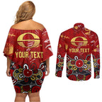 Personalized Gold Coast Suns Couples Matching Off Shoulder Short Dress and Long Sleeve Button Shirt Aboriginal Dot Painting Graffiti Style