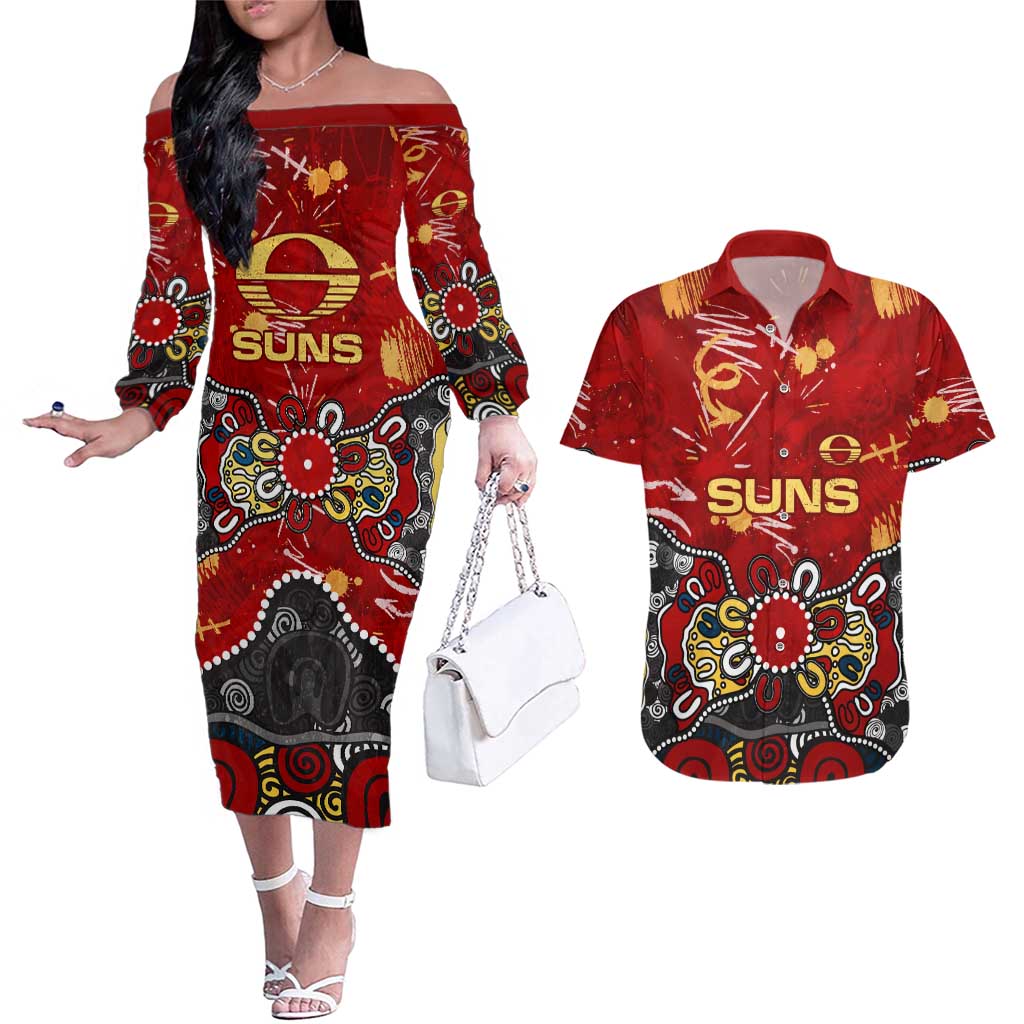 Personalized Gold Coast Suns Couples Matching Off The Shoulder Long Sleeve Dress and Hawaiian Shirt Aboriginal Dot Painting Graffiti Style
