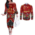 Personalized Gold Coast Suns Couples Matching Off The Shoulder Long Sleeve Dress and Long Sleeve Button Shirt Aboriginal Dot Painting Graffiti Style