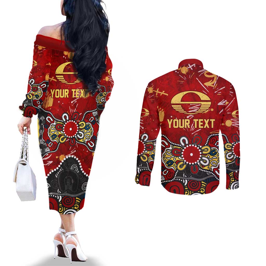 Personalized Gold Coast Suns Couples Matching Off The Shoulder Long Sleeve Dress and Long Sleeve Button Shirt Aboriginal Dot Painting Graffiti Style