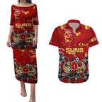 Personalized Gold Coast Suns Couples Matching Puletasi and Hawaiian Shirt Aboriginal Dot Painting Graffiti Style