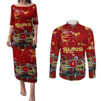 Personalized Gold Coast Suns Couples Matching Puletasi and Long Sleeve Button Shirt Aboriginal Dot Painting Graffiti Style
