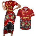 Personalized Gold Coast Suns Couples Matching Short Sleeve Bodycon Dress and Hawaiian Shirt Aboriginal Dot Painting Graffiti Style