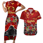 Personalized Gold Coast Suns Couples Matching Short Sleeve Bodycon Dress and Hawaiian Shirt Aboriginal Dot Painting Graffiti Style