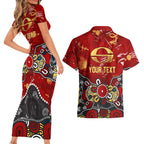 Personalized Gold Coast Suns Couples Matching Short Sleeve Bodycon Dress and Hawaiian Shirt Aboriginal Dot Painting Graffiti Style