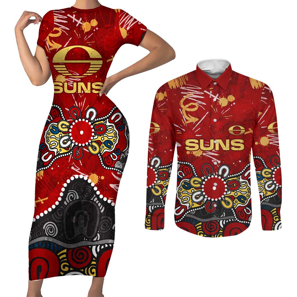 Personalized Gold Coast Suns Couples Matching Short Sleeve Bodycon Dress and Long Sleeve Button Shirt Aboriginal Dot Painting Graffiti Style