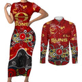 Personalized Gold Coast Suns Couples Matching Short Sleeve Bodycon Dress and Long Sleeve Button Shirt Aboriginal Dot Painting Graffiti Style