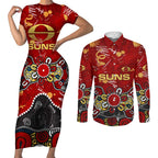 Personalized Gold Coast Suns Couples Matching Short Sleeve Bodycon Dress and Long Sleeve Button Shirt Aboriginal Dot Painting Graffiti Style
