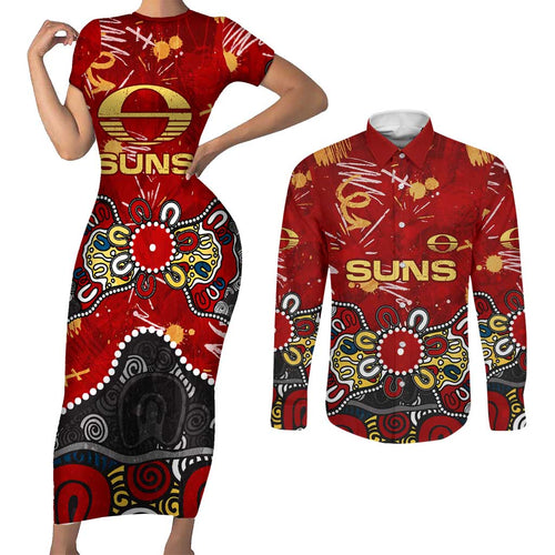 Personalized Gold Coast Suns Couples Matching Short Sleeve Bodycon Dress and Long Sleeve Button Shirt Aboriginal Dot Painting Graffiti Style