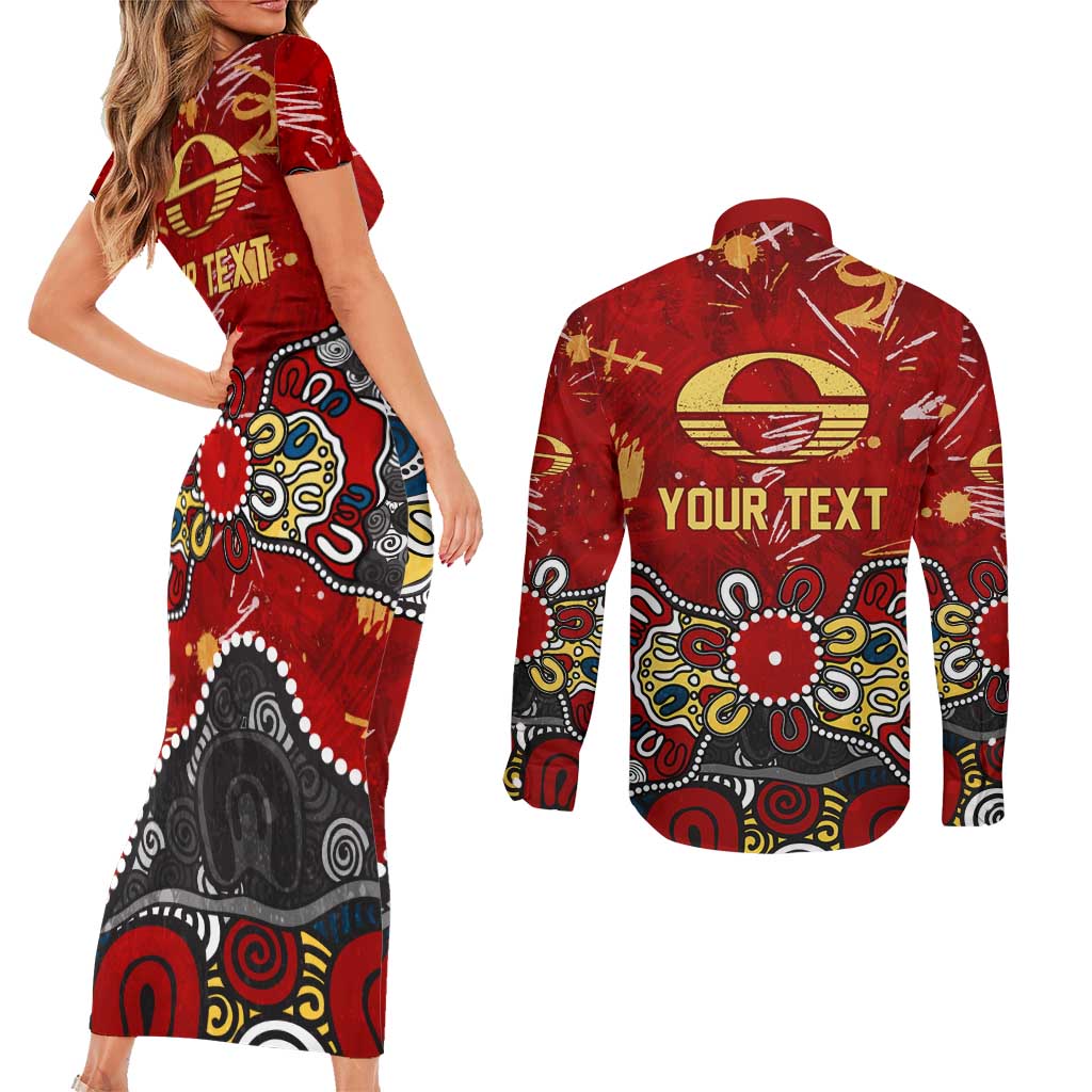 Personalized Gold Coast Suns Couples Matching Short Sleeve Bodycon Dress and Long Sleeve Button Shirt Aboriginal Dot Painting Graffiti Style