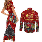 Personalized Gold Coast Suns Couples Matching Short Sleeve Bodycon Dress and Long Sleeve Button Shirt Aboriginal Dot Painting Graffiti Style
