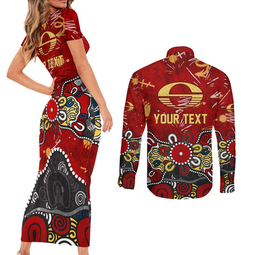 Personalized Gold Coast Suns Couples Matching Short Sleeve Bodycon Dress and Long Sleeve Button Shirt Aboriginal Dot Painting Graffiti Style