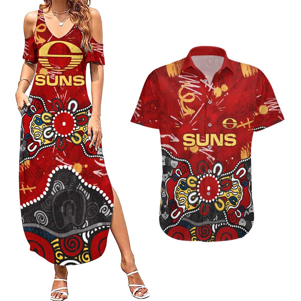 Personalized Gold Coast Suns Couples Matching Summer Maxi Dress and Hawaiian Shirt Aboriginal Dot Painting Graffiti Style