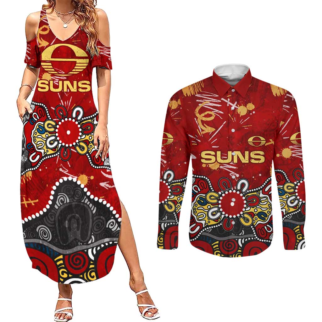 Personalized Gold Coast Suns Couples Matching Summer Maxi Dress and Long Sleeve Button Shirt Aboriginal Dot Painting Graffiti Style