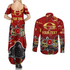 Personalized Gold Coast Suns Couples Matching Summer Maxi Dress and Long Sleeve Button Shirt Aboriginal Dot Painting Graffiti Style