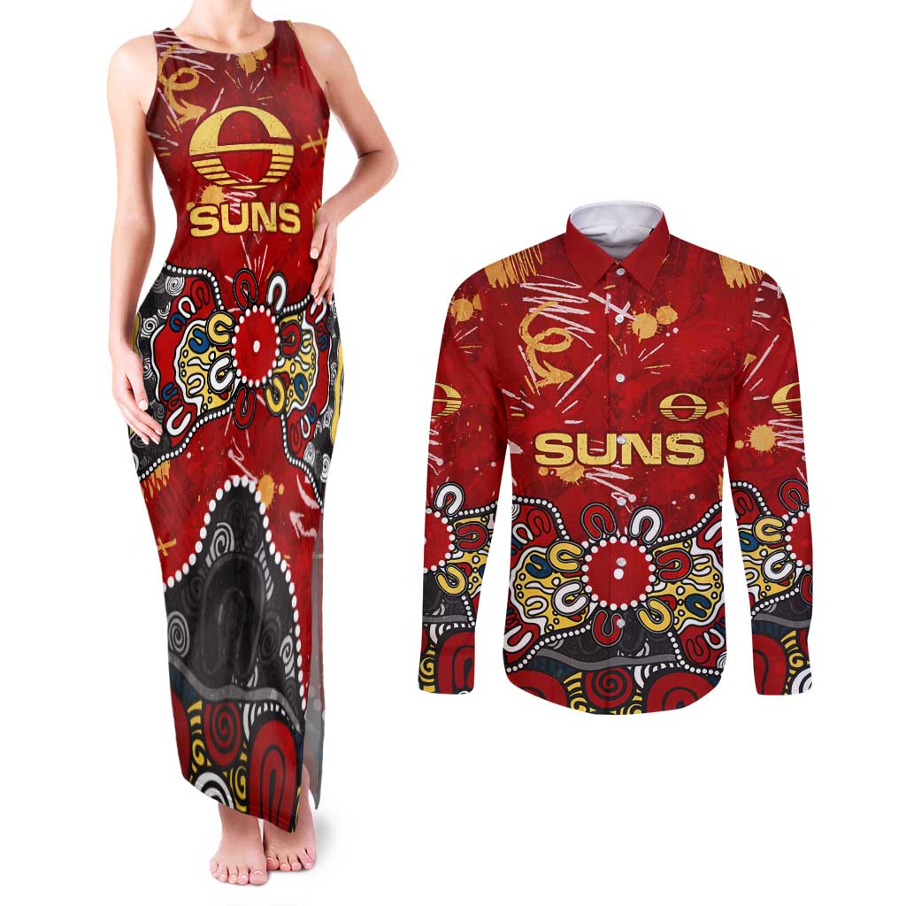 Personalized Gold Coast Suns Couples Matching Tank Maxi Dress and Long Sleeve Button Shirt Aboriginal Dot Painting Graffiti Style