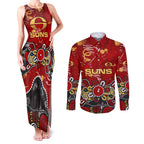 Personalized Gold Coast Suns Couples Matching Tank Maxi Dress and Long Sleeve Button Shirt Aboriginal Dot Painting Graffiti Style