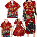 Personalized Gold Coast Suns Family Matching Long Sleeve Bodycon Dress and Hawaiian Shirt Aboriginal Dot Painting Graffiti Style