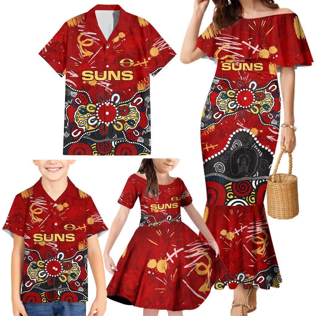 Personalized Gold Coast Suns Family Matching Mermaid Dress and Hawaiian Shirt Aboriginal Dot Painting Graffiti Style