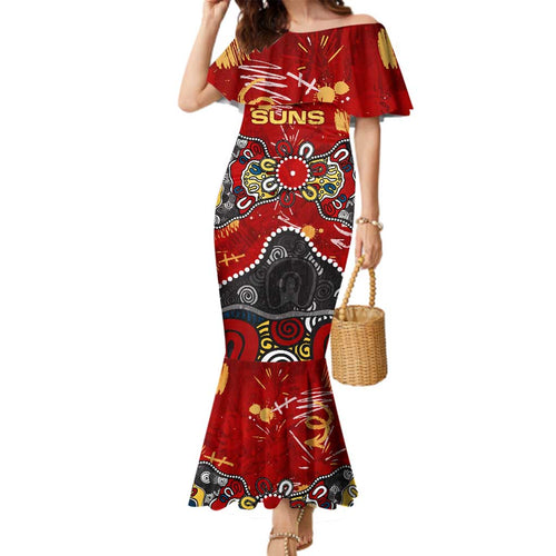 Personalized Gold Coast Suns Family Matching Mermaid Dress and Hawaiian Shirt Aboriginal Dot Painting Graffiti Style