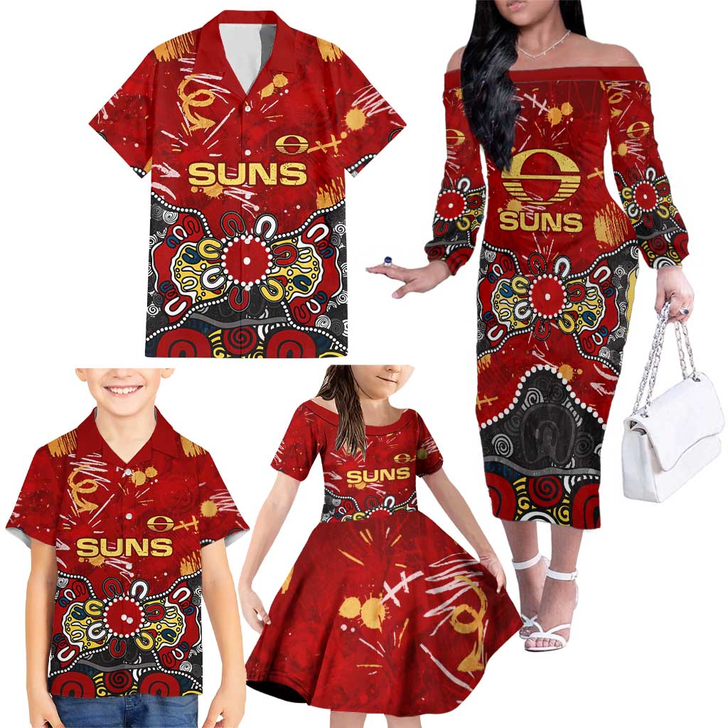 Personalized Gold Coast Suns Family Matching Off The Shoulder Long Sleeve Dress and Hawaiian Shirt Aboriginal Dot Painting Graffiti Style