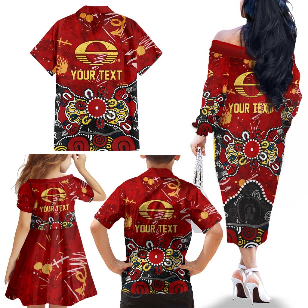 Personalized Gold Coast Suns Family Matching Off The Shoulder Long Sleeve Dress and Hawaiian Shirt Aboriginal Dot Painting Graffiti Style