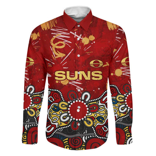 Personalized Gold Coast Suns Family Matching Off The Shoulder Long Sleeve Dress and Hawaiian Shirt Aboriginal Dot Painting Graffiti Style