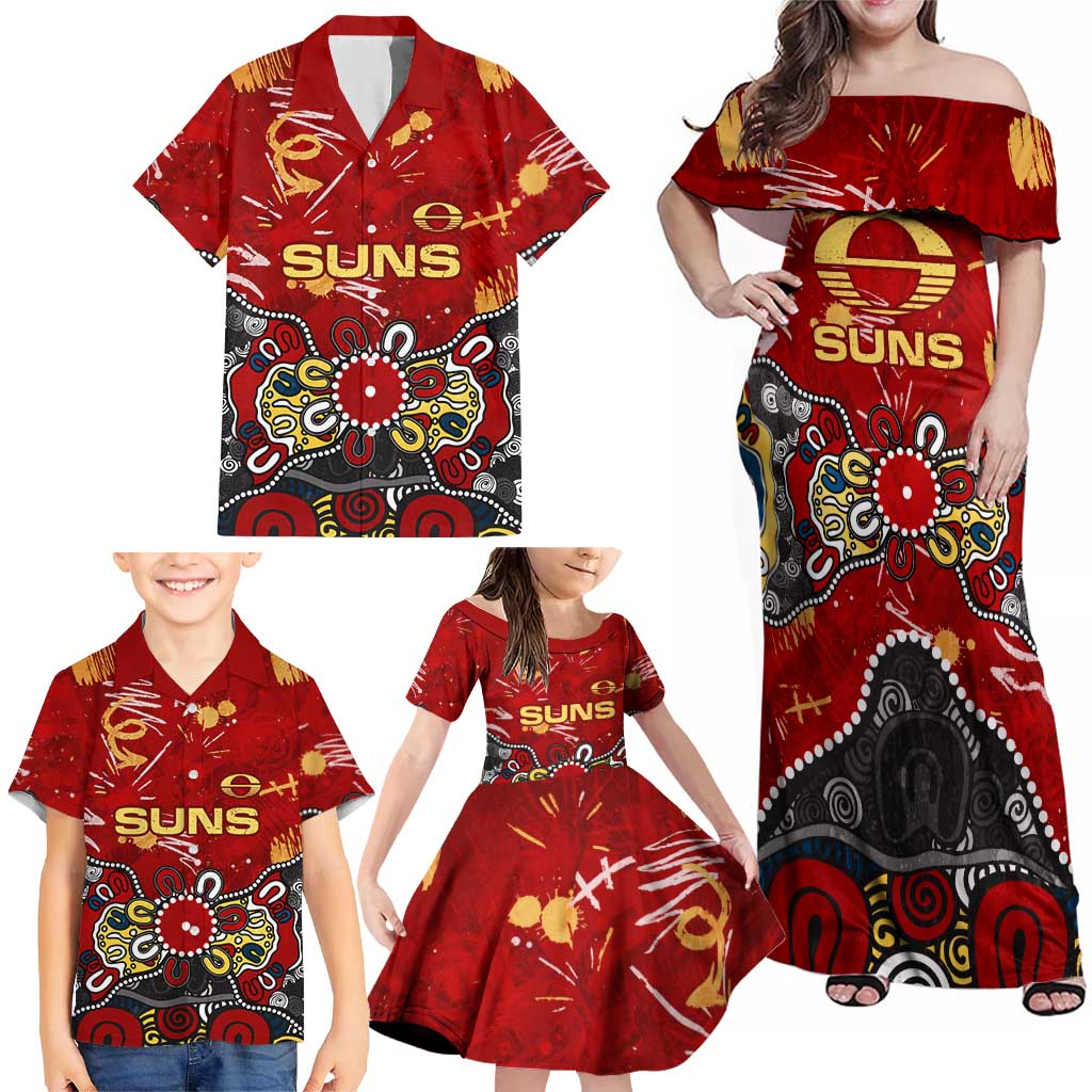 Personalized Gold Coast Suns Family Matching Off Shoulder Maxi Dress and Hawaiian Shirt Aboriginal Dot Painting Graffiti Style