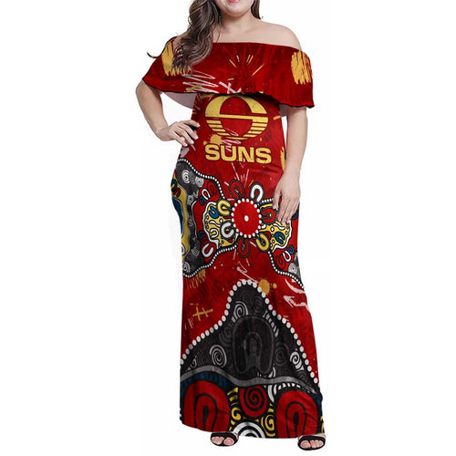 Personalized Gold Coast Suns Family Matching Off Shoulder Maxi Dress and Hawaiian Shirt Aboriginal Dot Painting Graffiti Style
