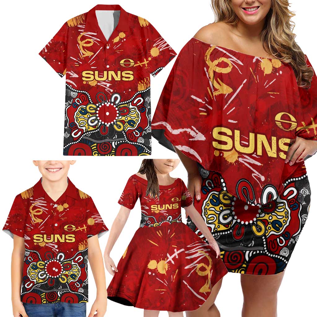 Personalized Gold Coast Suns Family Matching Off Shoulder Short Dress and Hawaiian Shirt Aboriginal Dot Painting Graffiti Style