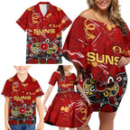 Personalized Gold Coast Suns Family Matching Off Shoulder Short Dress and Hawaiian Shirt Aboriginal Dot Painting Graffiti Style