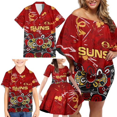 Personalized Gold Coast Suns Family Matching Off Shoulder Short Dress and Hawaiian Shirt Aboriginal Dot Painting Graffiti Style