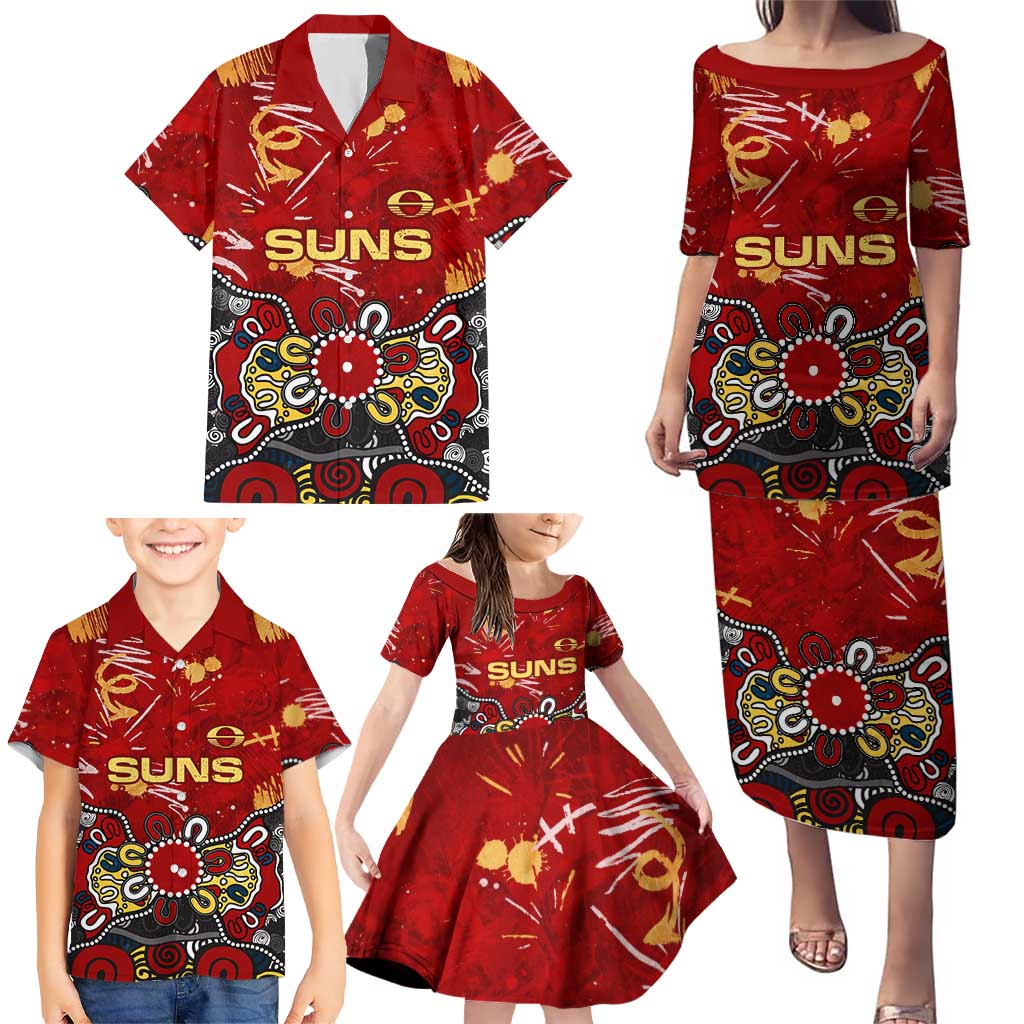 Personalized Gold Coast Suns Family Matching Puletasi and Hawaiian Shirt Aboriginal Dot Painting Graffiti Style